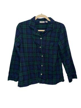 L.L. Bean Womens XSP Green & Blue Plaid Button-Down Flannel Shirt